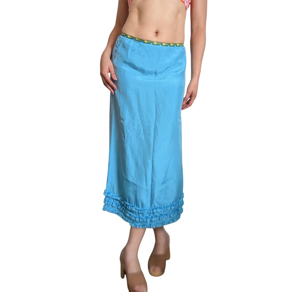 Vintage Y2K Euro Summer Whimsical Boho Bold Ice Blue Ruffle Hem Silk Midi Skirt